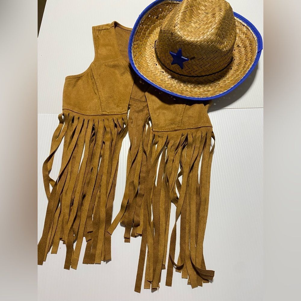Native American cowboy Western straw hat fringe faux suede vest costume 6-12yo